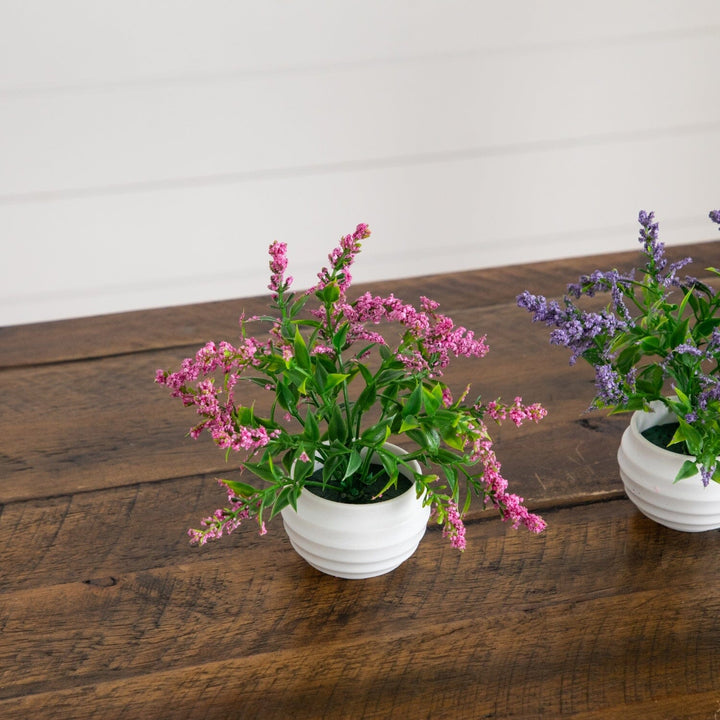 5” Artificial Mini Lavender Plant in White Decorative Oval Planter - Set of 3