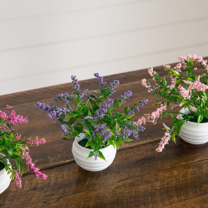 5” Artificial Mini Lavender Plant in White Decorative Oval Planter - Set of 3