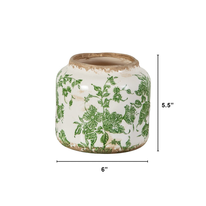 5.5” Floral Tuscan Ceramic Green Scroll Planter