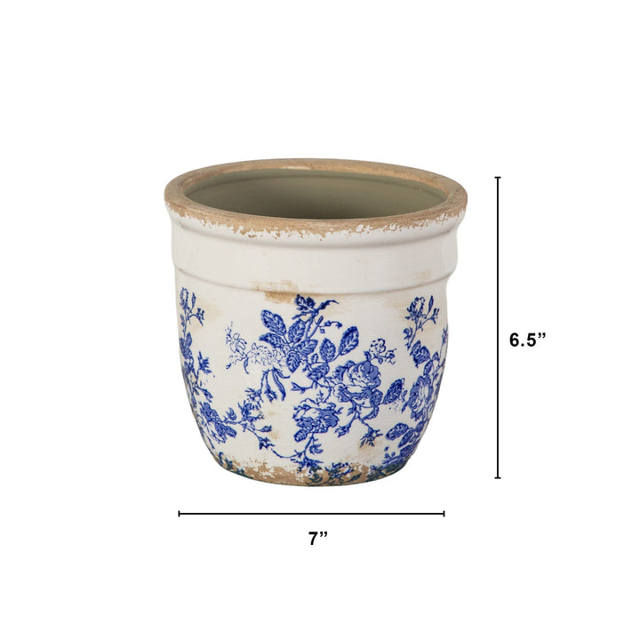 6.5” Floral Tuscan Ceramic Blue Scroll Planter