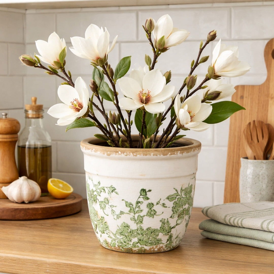 6.5” Floral Tuscan Ceramic Green Scroll Planter