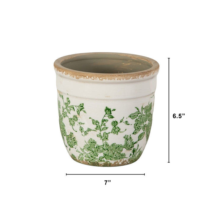 6.5” Floral Tuscan Ceramic Green Scroll Planter