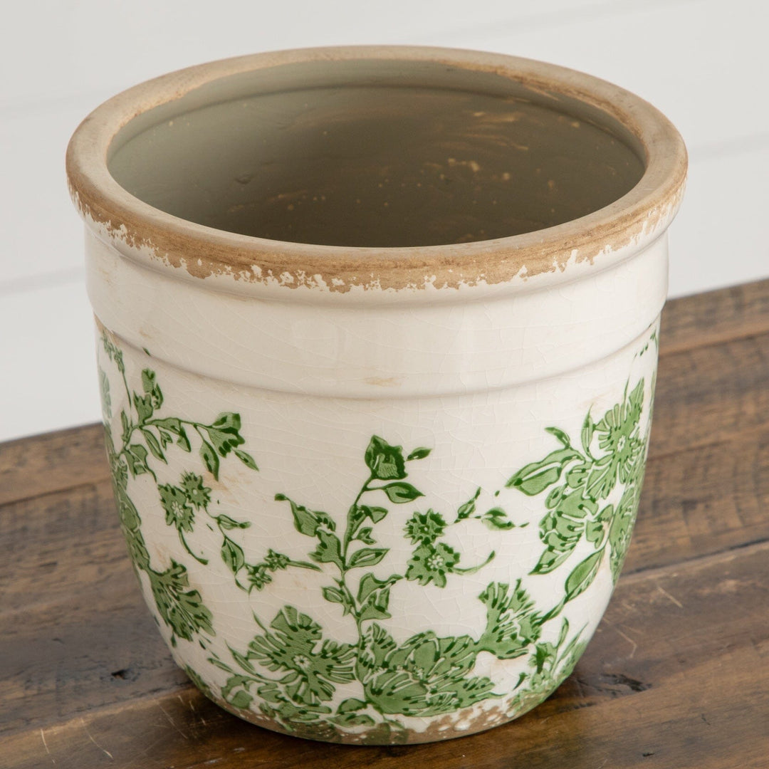 6.5” Floral Tuscan Ceramic Green Scroll Planter