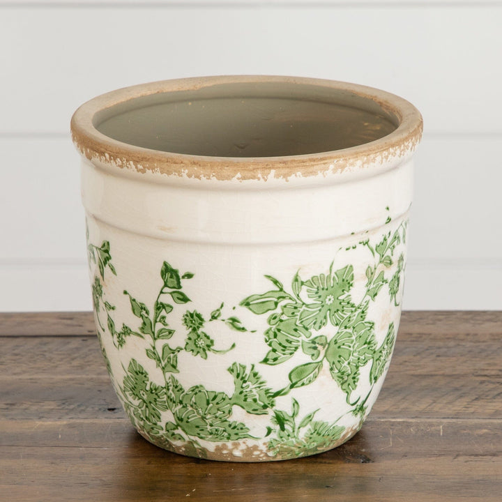 6.5” Floral Tuscan Ceramic Green Scroll Planter