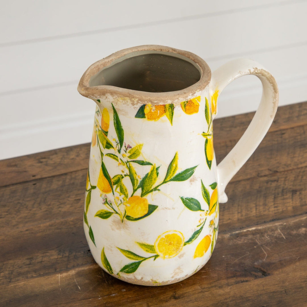 7.5” Lemon Print Ceramic Rustic Jug Vase