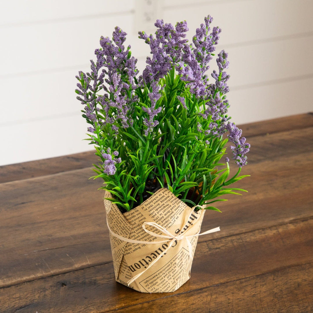 9” Artificial Mixed Lavender Arrangement in Newspaper Wrapped Pot -Set of 3