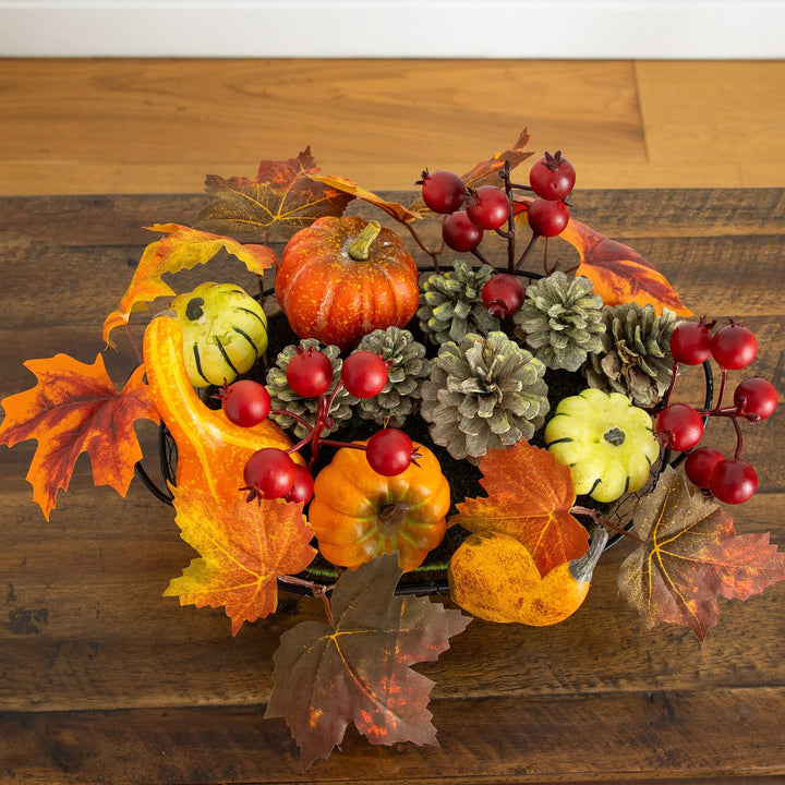 9" Autumn Artificial Pumpkin, Gourd, Berry and Maple Fall Arrangement