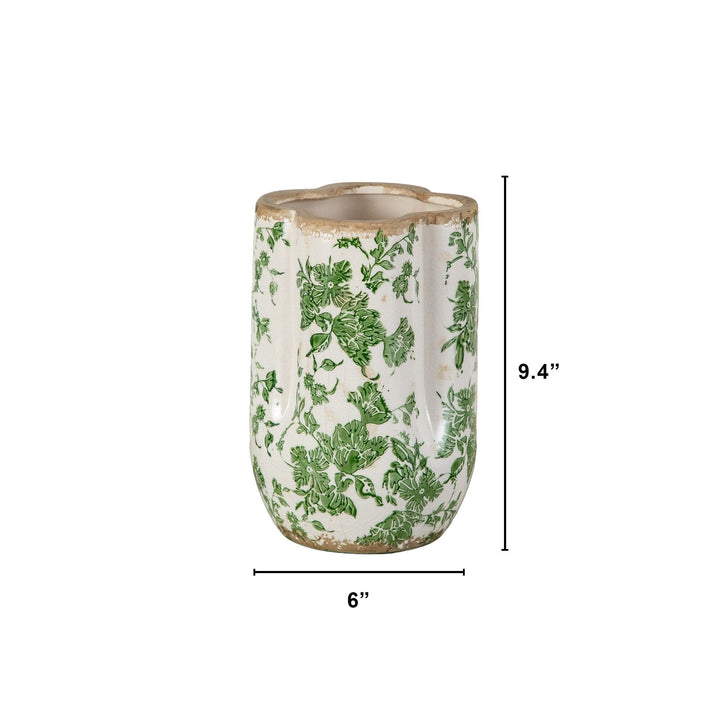 9” Floral Tuscan Ceramic Green Scroll Vase
