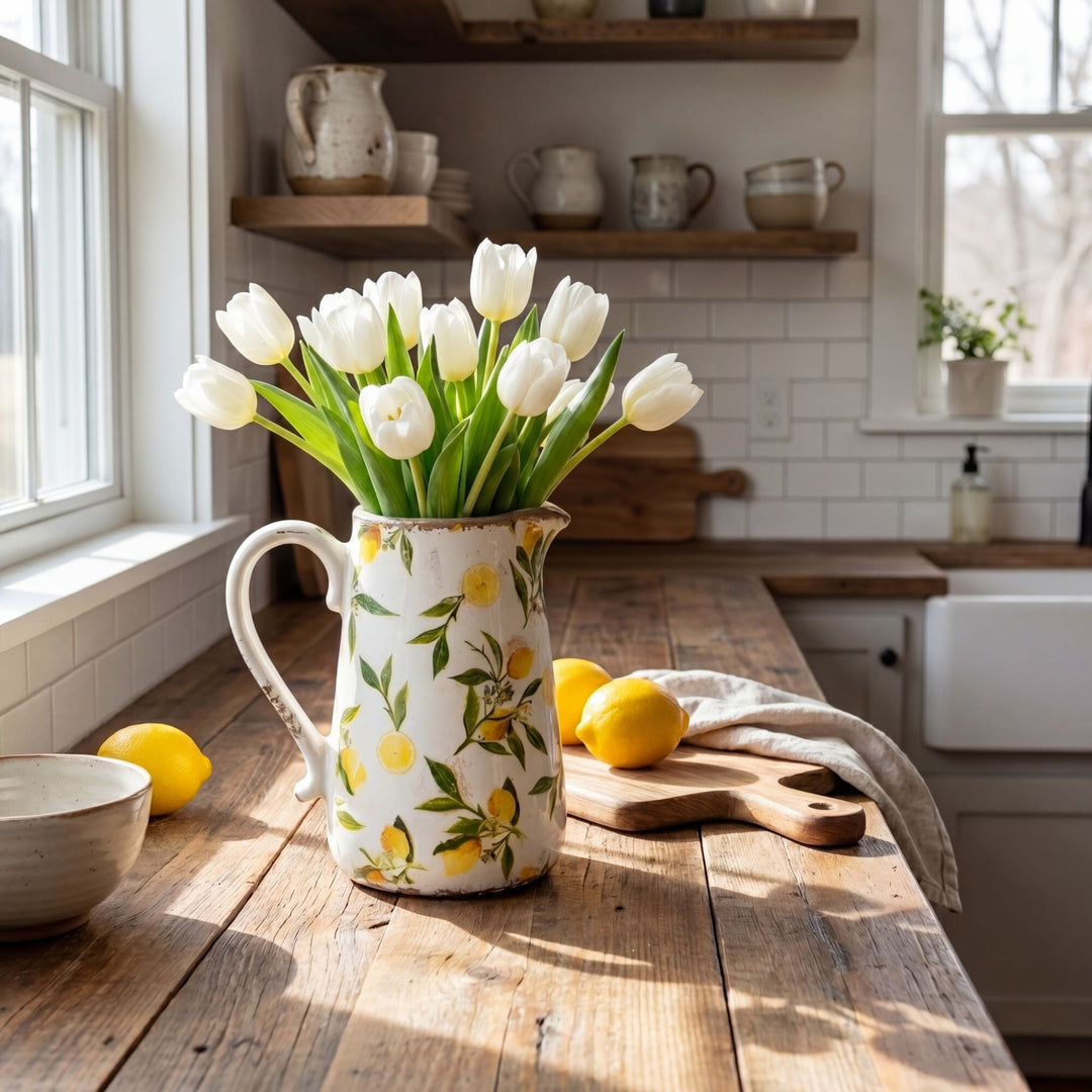 9” Lemon Print Ceramic Rustic Jug Vase