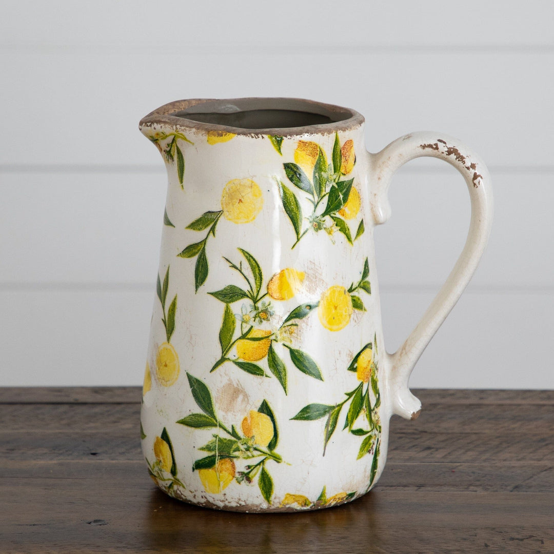 9” Lemon Print Ceramic Rustic Jug Vase