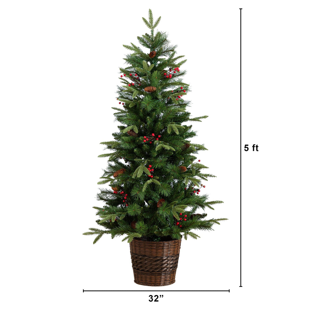 Pre-Lit Artificial Christmas Holiday 5 Piece Bundle with Pinecones &amp; Berries- Set of 2 5&