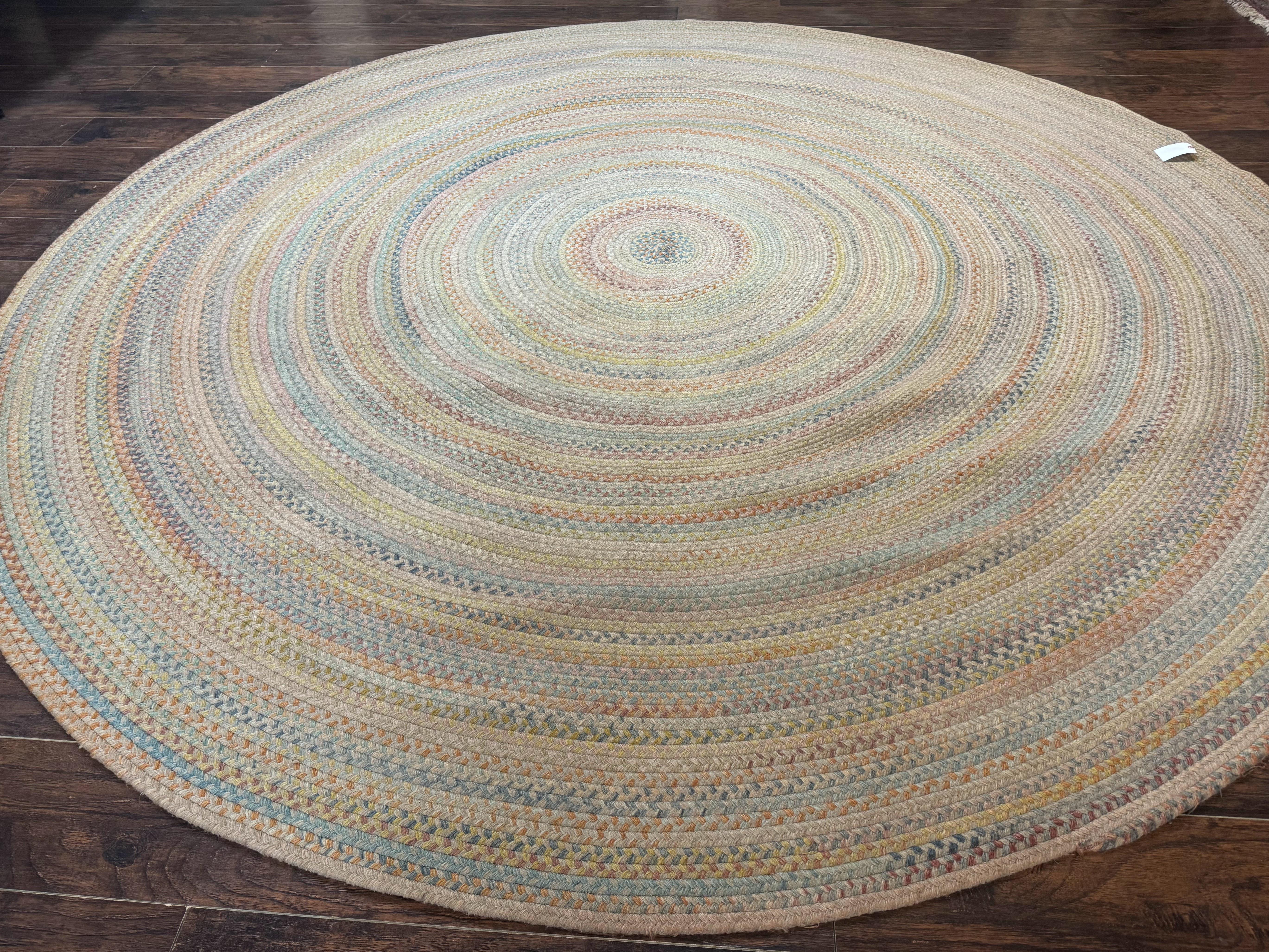 Large American Round Braided Rug 10x10, Multicolor, Vintage, Mid Century, Hand Braided