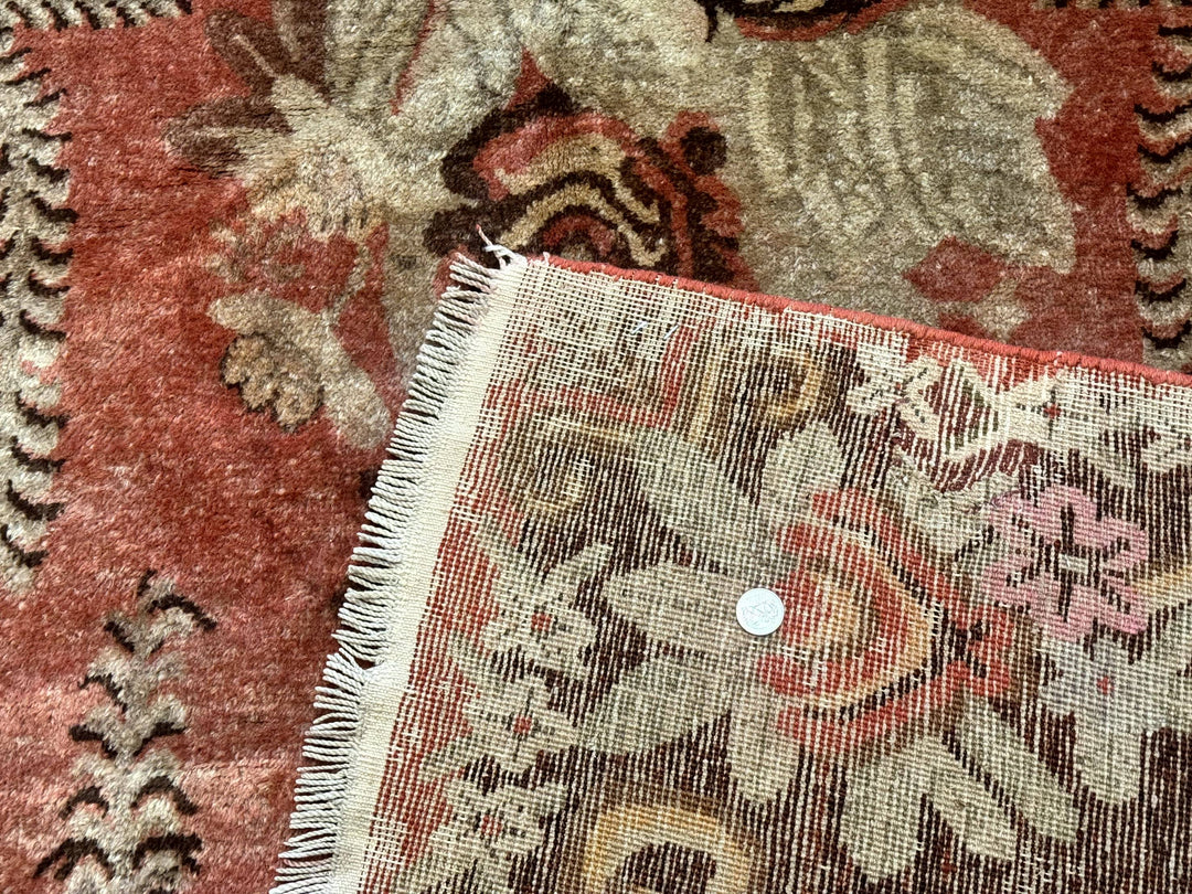 Khotan Rug 5x9, Terracotta and Brown, Floral, Chinese Wool Carpet, Antique Rug