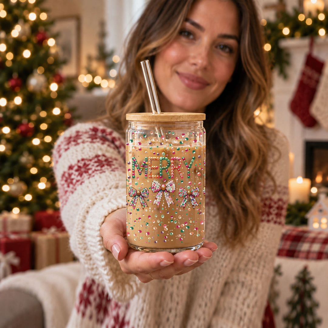 Merry Sequin Bow Glass Tumbler 17oz Bamboo Lid Christmas Great Gift for Friends
