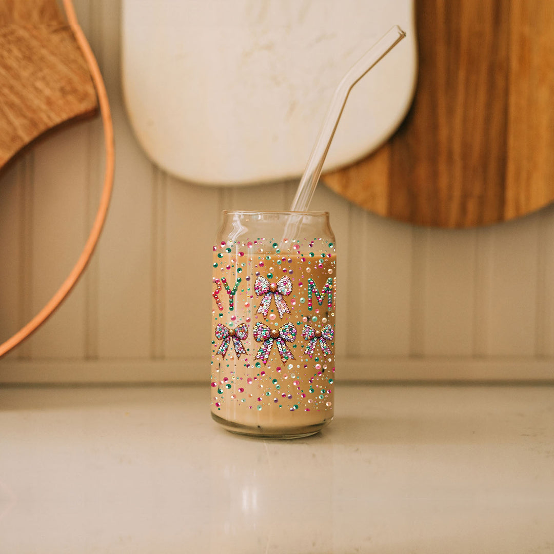 Merry Sequin Bow Glass Tumbler 17oz Bamboo Lid Christmas Great Gift for Friends