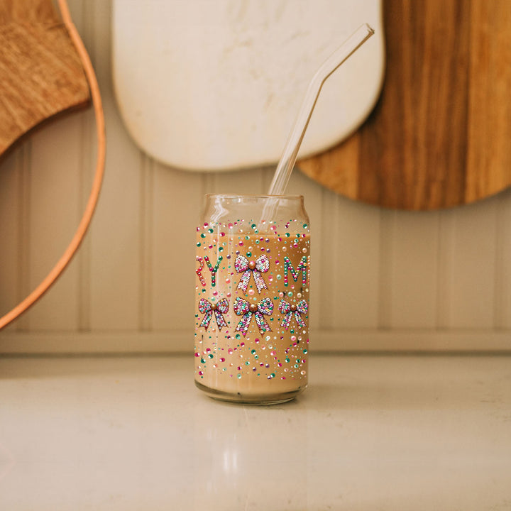 Merry Sequin Bow Glass Tumbler 17oz Bamboo Lid Christmas Great Gift for Friends