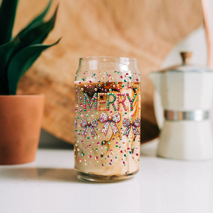 Merry Sequin Bow Glass Tumbler 17oz Bamboo Lid Christmas Great Gift for Friends