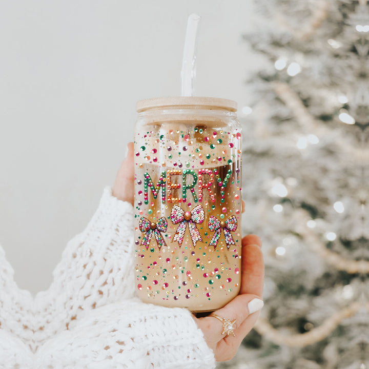 Merry Sequin Bow Glass Tumbler 17oz Bamboo Lid Christmas Great Gift for Friends