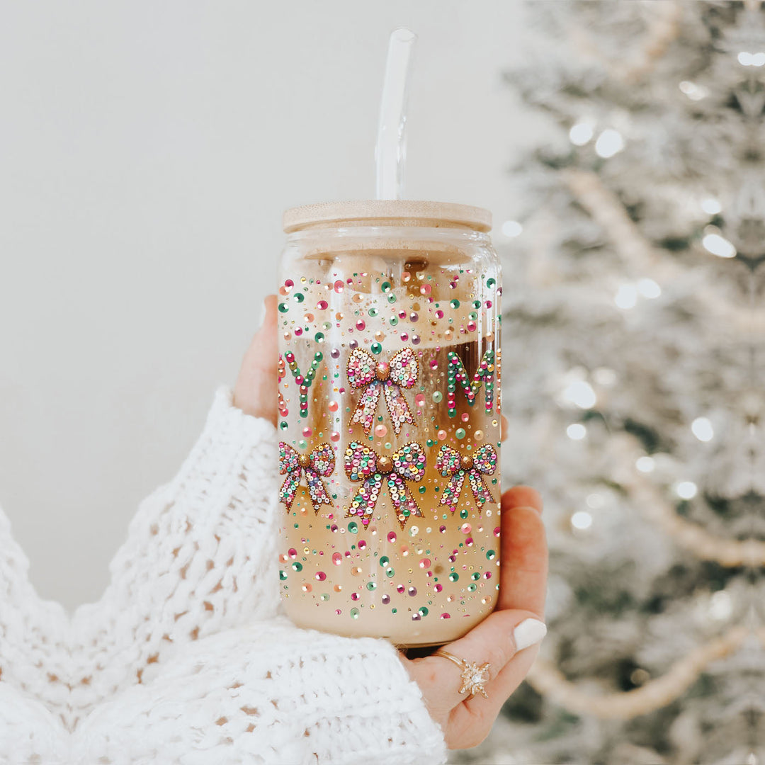 Merry Sequin Bow Glass Tumbler 17oz Bamboo Lid Christmas Great Gift for Friends