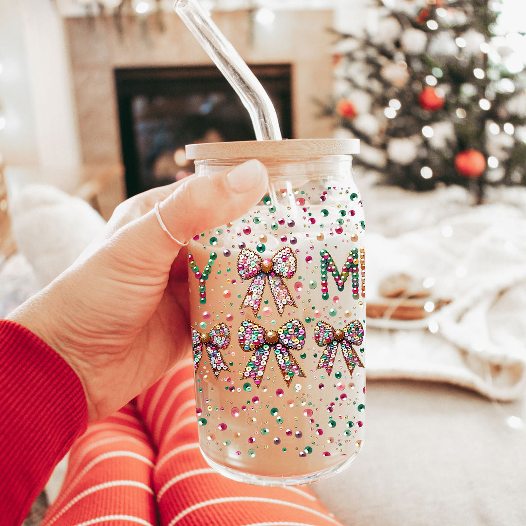 Merry Sequin Bow Glass Tumbler 17oz Bamboo Lid Christmas Great Gift for Friends