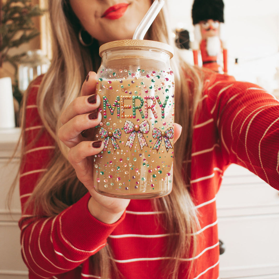 Merry Sequin Bow Glass Tumbler 17oz Bamboo Lid Christmas Great Gift for Friends
