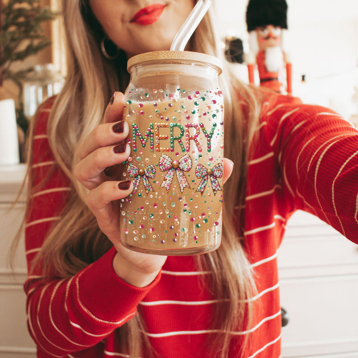 Merry Sequin Bow Glass Tumbler 17oz Bamboo Lid Christmas Great Gift for Friends