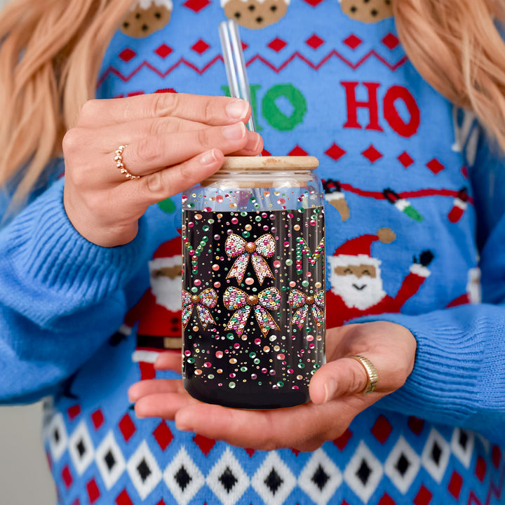 Merry Sequin Bow Glass Tumbler 17oz Bamboo Lid Christmas Great Gift for Friends