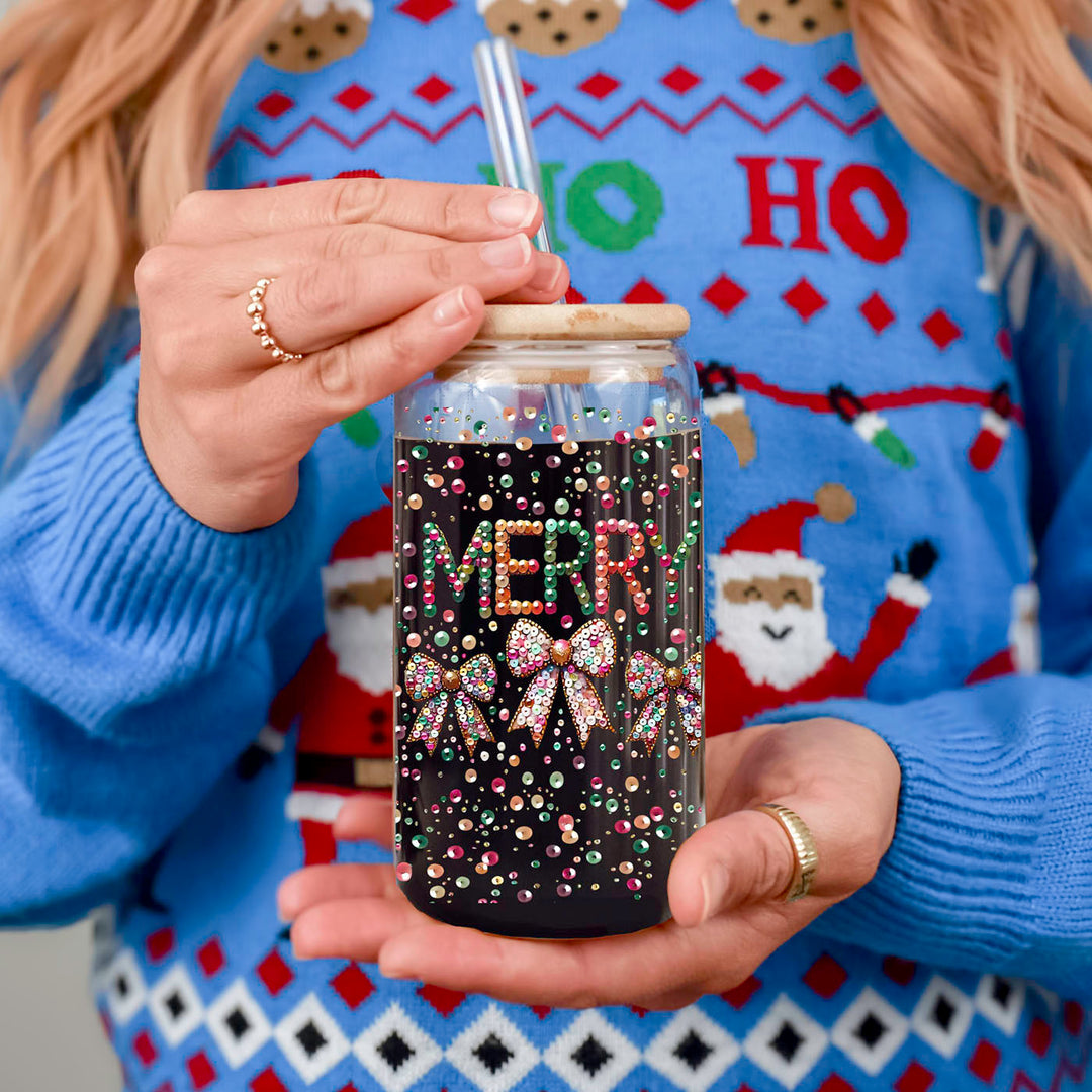 Merry Sequin Bow Glass Tumbler 17oz Bamboo Lid Christmas Great Gift for Friends