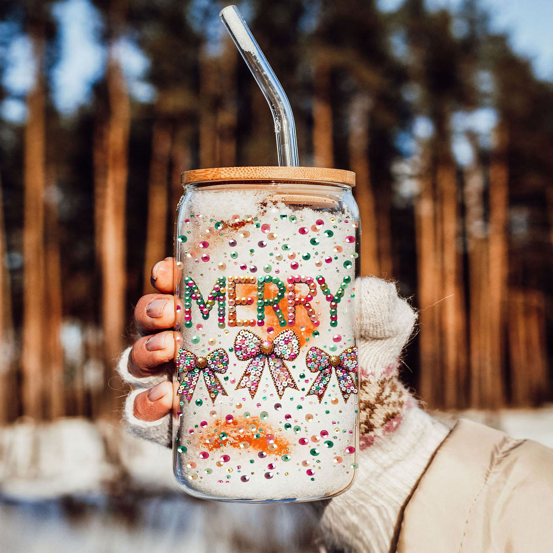 Merry Sequin Bow Glass Tumbler 17oz Bamboo Lid Christmas Great Gift for Friends