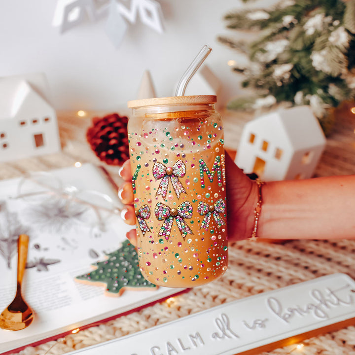 Merry Sequin Bow Glass Tumbler 17oz Bamboo Lid Christmas Great Gift for Friends