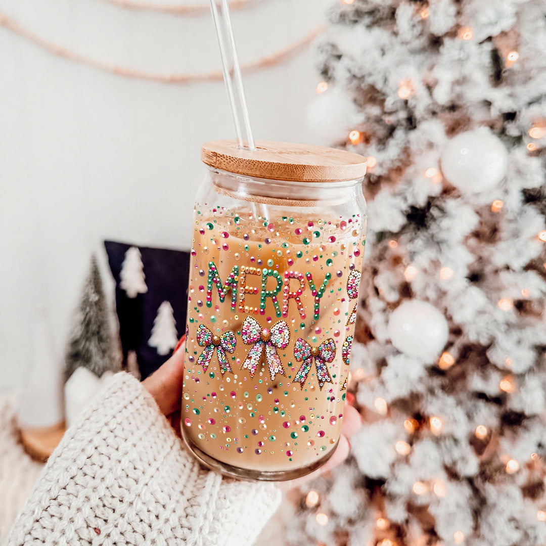 Merry Sequin Bow Glass Tumbler 17oz Bamboo Lid Christmas Great Gift for Friends
