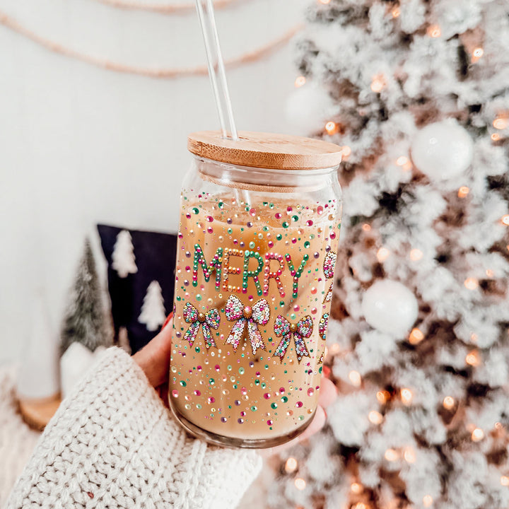 Merry Sequin Bow Glass Tumbler 17oz Bamboo Lid Christmas Great Gift for Friends