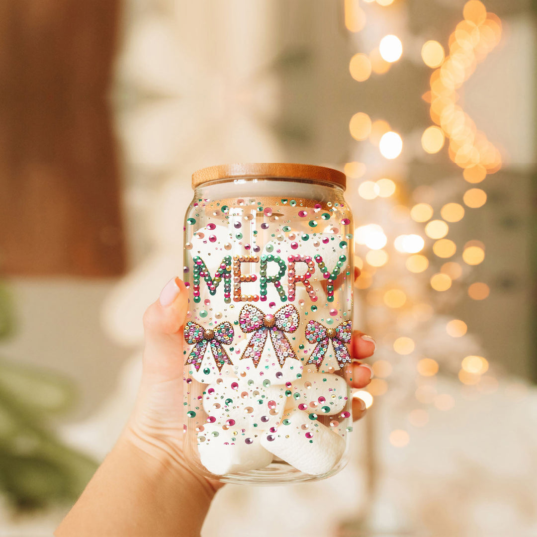 Merry Sequin Bow Glass Tumbler 17oz Bamboo Lid Christmas Great Gift for Friends