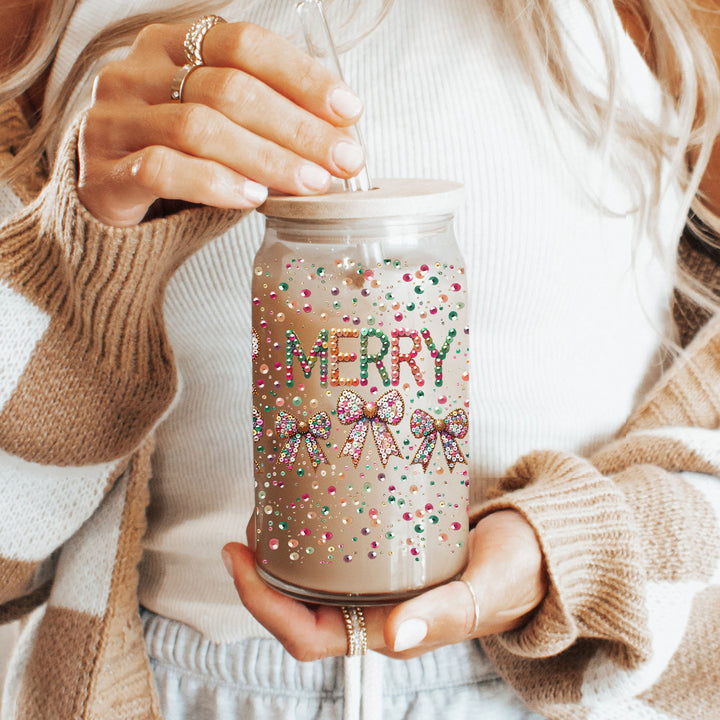 Merry Sequin Bow Glass Tumbler 17oz Bamboo Lid Christmas Great Gift for Friends