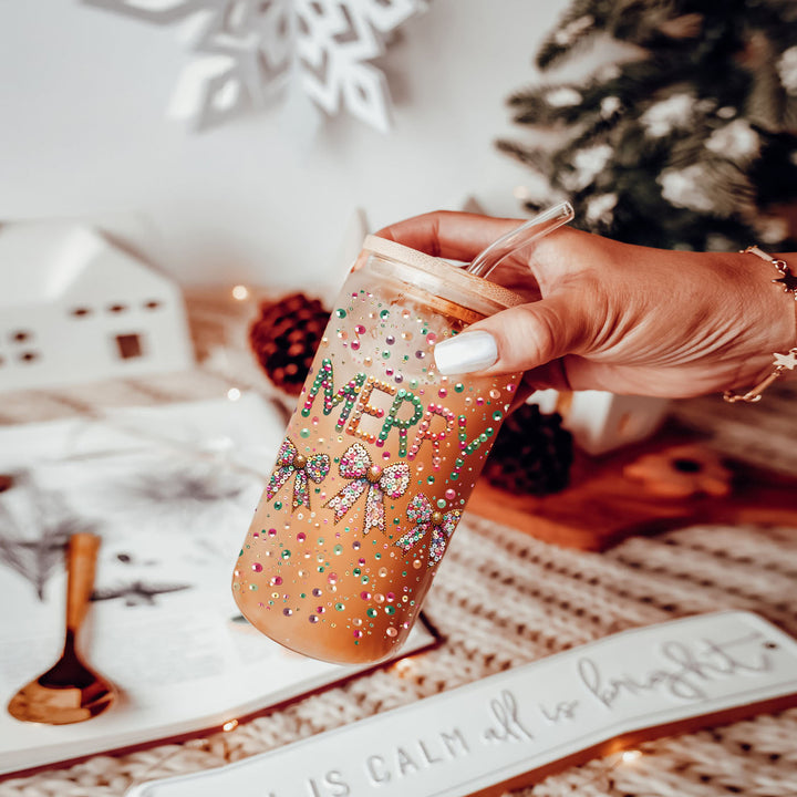 Merry Sequin Bow Glass Tumbler 17oz Bamboo Lid Christmas Great Gift for Friends