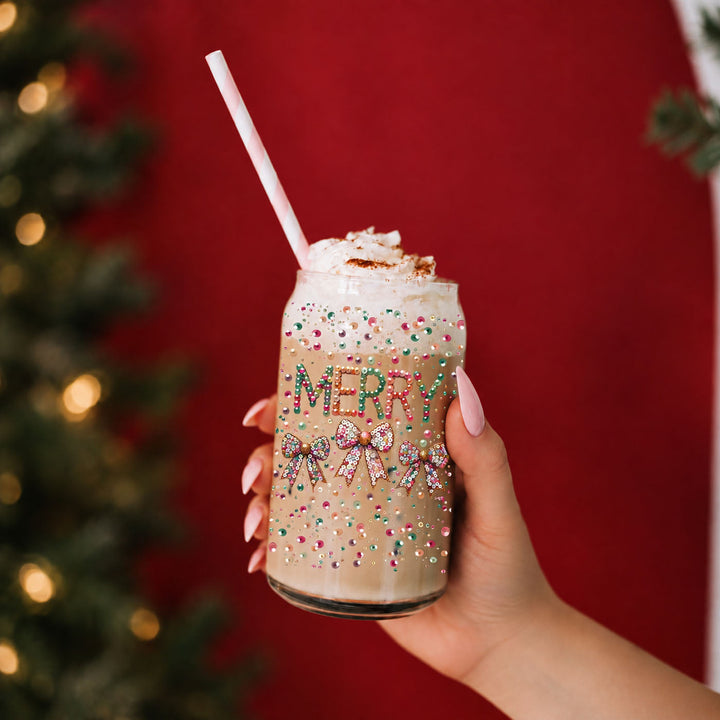 Merry Sequin Bow Glass Tumbler 17oz Bamboo Lid Christmas Great Gift for Friends