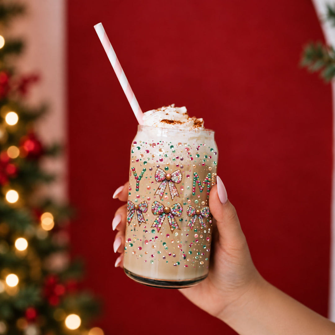 Merry Sequin Bow Glass Tumbler 17oz Bamboo Lid Christmas Great Gift for Friends