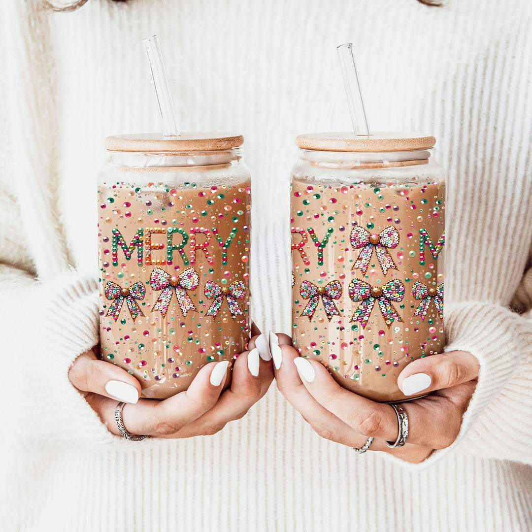 Merry Sequin Bow Glass Tumbler 17oz Bamboo Lid Christmas Great Gift for Friends