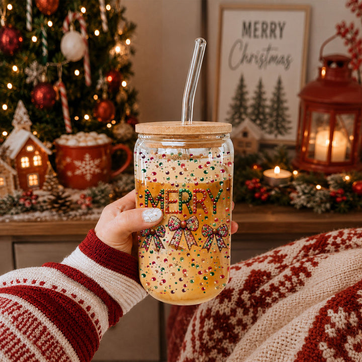 Merry Sequin Bow Glass Tumbler 17oz Bamboo Lid Christmas Great Gift for Friends