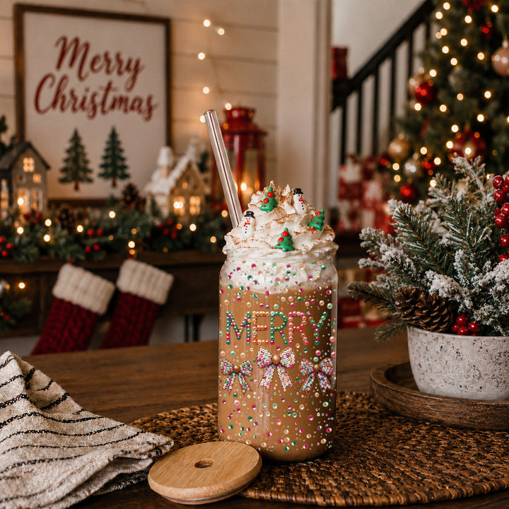 Merry Sequin Bow Glass Tumbler 17oz Bamboo Lid Christmas Great Gift for Friends