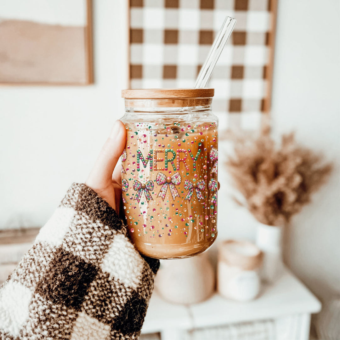 Merry Sequin Bow Glass Tumbler 17oz Bamboo Lid Christmas Great Gift for Friends