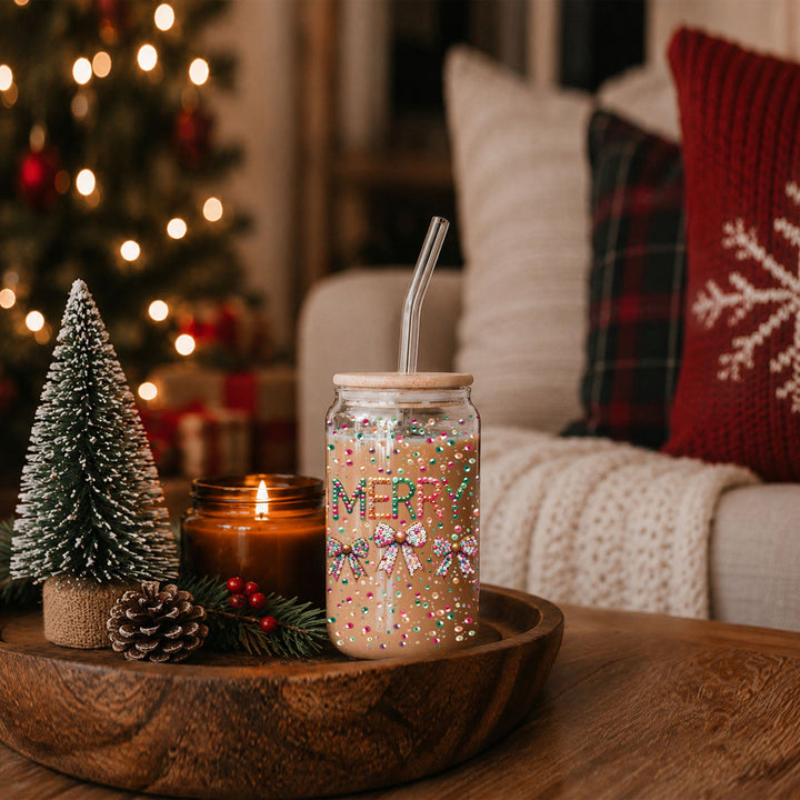 Merry Sequin Bow Glass Tumbler 17oz Bamboo Lid Christmas Great Gift for Friends
