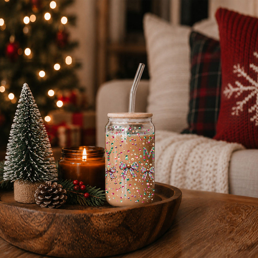 Merry Sequin Bow Glass Tumbler 17oz Bamboo Lid Christmas Great Gift for Friends
