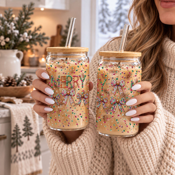 Merry Sequin Bow Glass Tumbler 17oz Bamboo Lid Christmas Great Gift for Friends