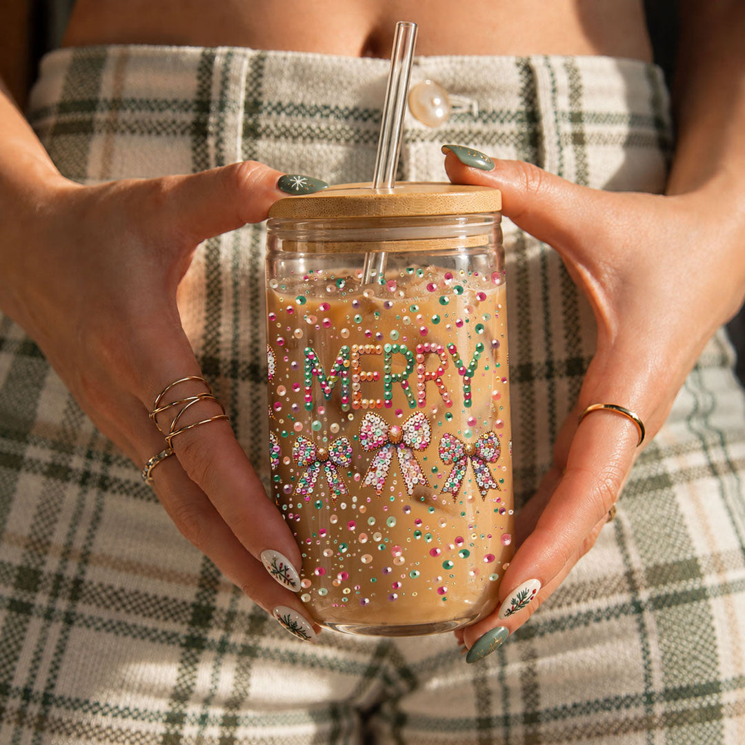 Merry Sequin Bow Glass Tumbler 17oz Bamboo Lid Christmas Great Gift for Friends