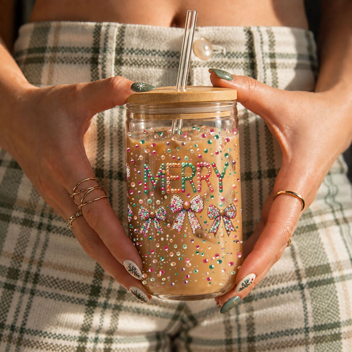 Merry Sequin Bow Glass Tumbler 17oz Bamboo Lid Christmas Great Gift for Friends