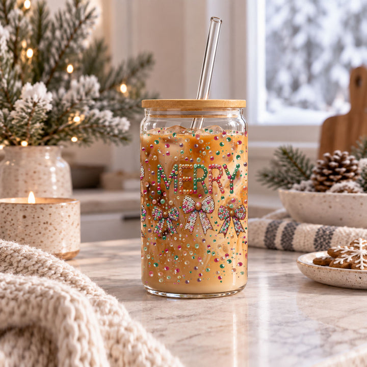Merry Sequin Bow Glass Tumbler 17oz Bamboo Lid Christmas Great Gift for Friends