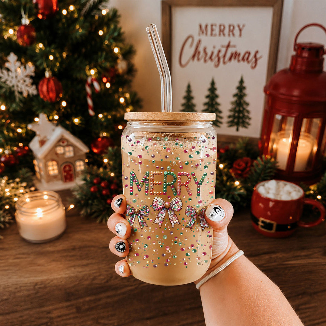 Merry Sequin Bow Glass Tumbler 17oz Bamboo Lid Christmas Great Gift for Friends