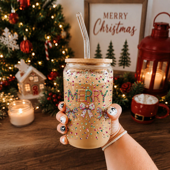 Merry Sequin Bow Glass Tumbler 17oz Bamboo Lid Christmas Great Gift for Friends