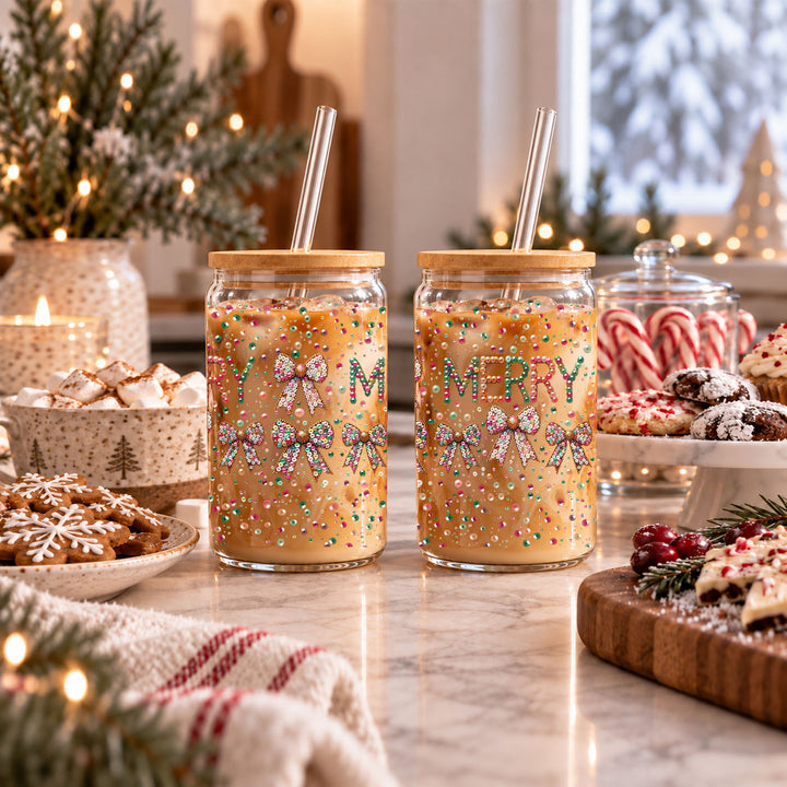 Merry Sequin Bow Glass Tumbler 17oz Bamboo Lid Christmas Great Gift for Friends